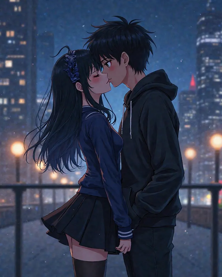 Anime image , A woman and a man couple kissing with their eyes closed, 
She has black hair with blue details, black skirt, black and blue blouse, high stockings., and fluffy black hair, dark eyes,  black sweatshirt , black pants.+ city background at night....