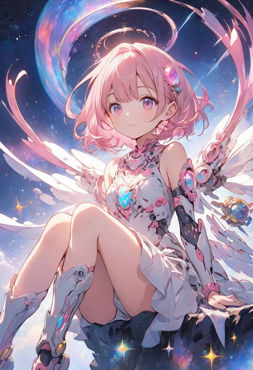  cartoon style detailed image of a cute girl ,  fantastic anime character ,  pink shorthair girl ,  sitting in a cosmic wonderland, bright color, Heavenly brilliance, complex mechanical legs,  magical atmosphere, Starry sky background, Dreamlike quality, D...