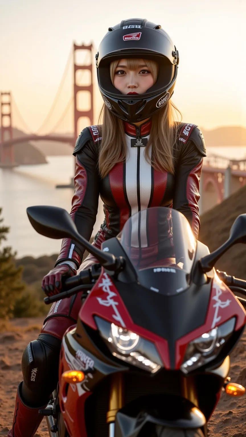 ultra-realistic, photorealistic, dramatic scene, shadow, global-illumination, (young Japanese famous idol girl), very beautiful fragile Japanese girl, very beautiful with very cute but boyish cool face, wearing a form fitting professional motorcycle racing...