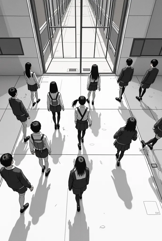 Manga style , black and white , students entering school View from above back, Brighter and few shadows , preparatory 