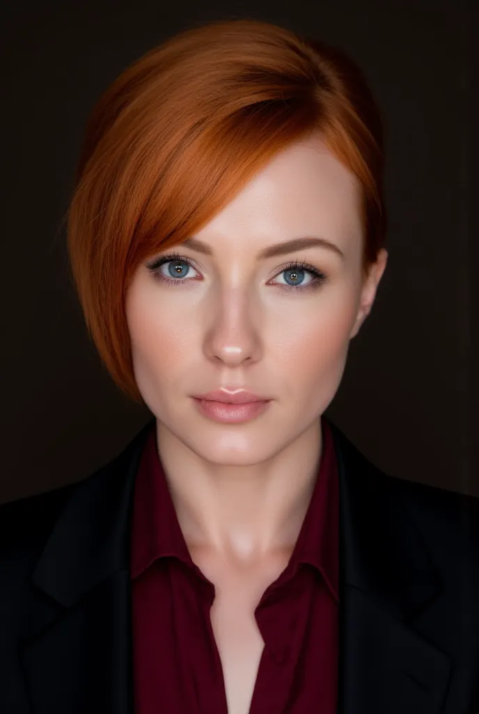 1 woman,Alone, blue eyes, red orange hair, side cut one side shaved, undercut, micro boobs,flirty smile, dark red dress shirt and black suit, high detail, realistic anatomy, Slight blush on cheeks, smirk, Looking at the viewer, flirty, sexy, film, Cinema, ...