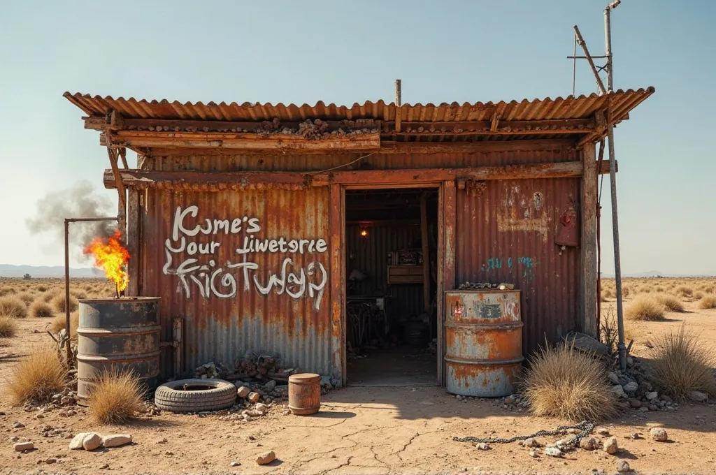 "A post-apocalyptic roadside structure inspired by the Mad Max aesthetic. The structure consists of a single rusted iron corrugated sheet, bent and weathered, with a spray-painted event name in a rough, graffiti style. A lone fire torch burns beside it, ca...