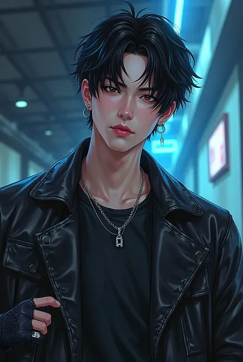 Here’s a detailed description for a realistic picture of Kai:

**Prompt:**  
A realistic digital painting of a 21-year-old Japanese male idol exuding an aura of cool confidence and mystery. His sharp, intense dark brown eyes are framed by straight, well-gr...