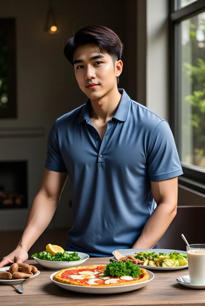 full indoor shot, zoom-out shot of hyper-realistic photo of a hyper far dinning room background, blurred man, zoomed-out shot of handsome Asian young man has messy side parting dark brown hair, shaved face, casually dressed, shy smiling, stands behind a ta...