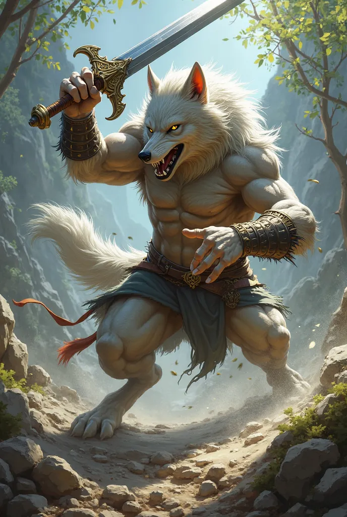 A HAPPY WOLF , IN A BATTLE WITH HIS SWORD, ACTION IN BATTLE