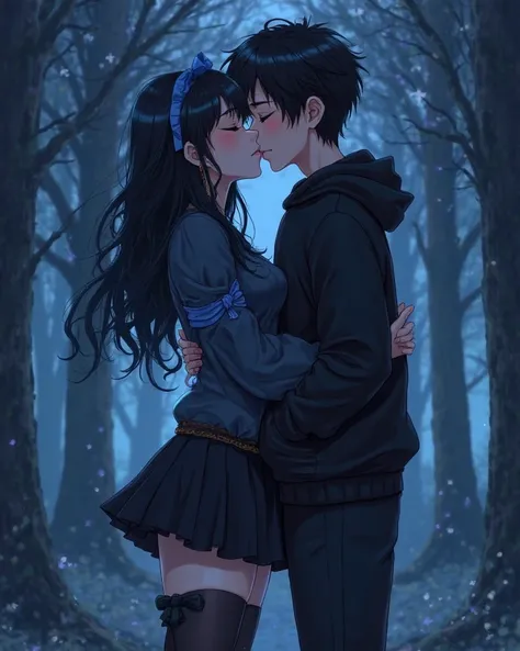 Anime image , A woman and a man couple kissing with their eyes closed, 
Ella black hair with blue details, black skirt, black and blue blouse, high stockings. pretty body,  breasts, waist,, And the fluffy and cute black hair, high, dark eyes,  black sweats...