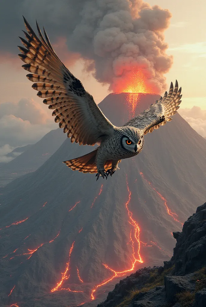 Owl flying over volcano 