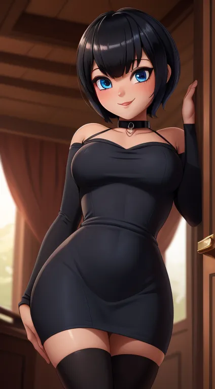 ((ultra quality)), ((masterpiece)),  Mavis Dracula, ((negro, short hair hair )), (beautiful cute face), ( beautiful feminine lips ), charming, ((sexy facial expression)),  looking at the camera smiling softly,  slightly closed eyes , (SKIN COLOR: white), b...