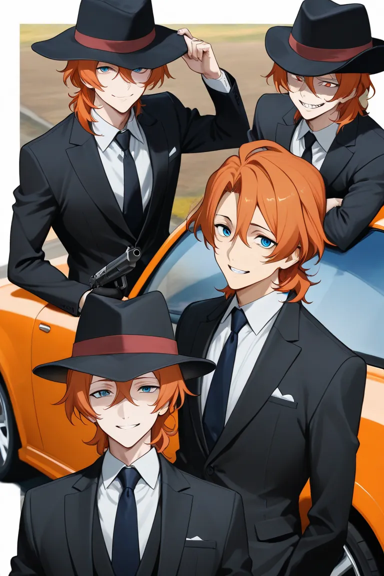 Chuuya Nakahara, male, wearing a black formal suit and a feudora hat leaning against a car, smiling expression, orange hair, sharp blue eyes, fair skin, holding a gun.