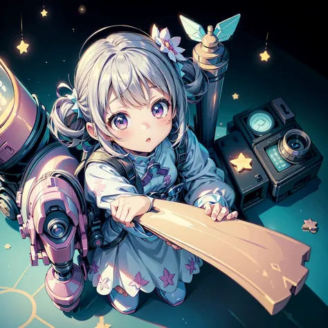 1 girl,perfect anatomy in the flower park、、perfect joint 、highest quality、masterpiece、 Star Fairy、Cyberpunk、simple background、Kawaii Tech、Big goggles、dress、A cute and unique scooter,Kawaii Tech,Depiction from above、