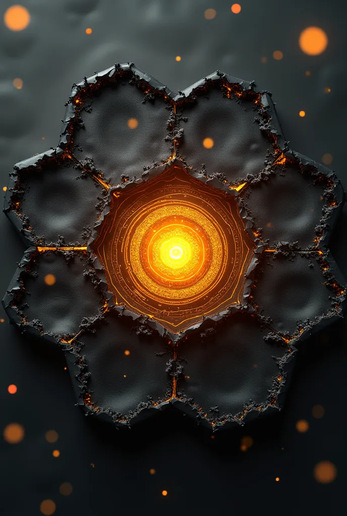 /imagine Hexagonal molecular structure with hand-torn paper texture in each cell, glowing golden core (hex #FFD700) emitting concentric energy rings, dark charcoal background (hex #333333), ultra-detailed scientific diagram style --style raw --stylize 650场