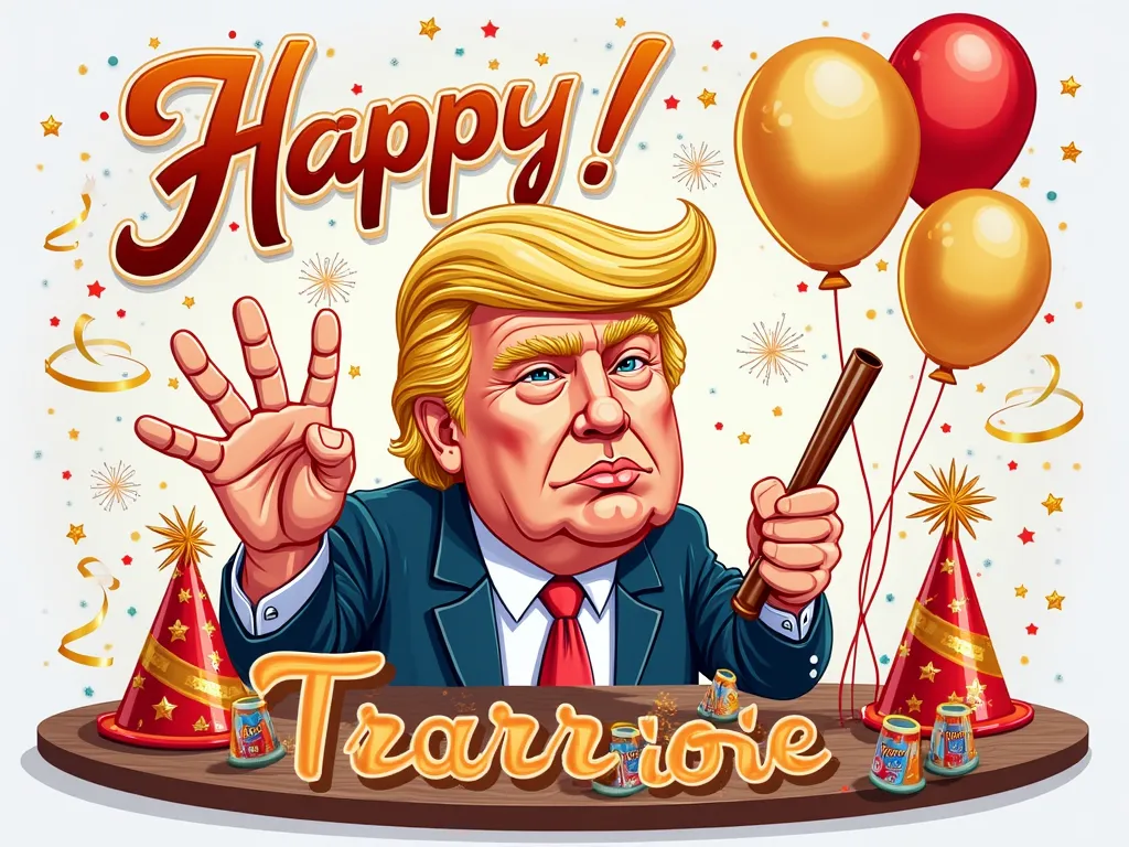 "Design a birthday  illustration with Donald Trump's shooting as the theme”. Include elements like 'Happy birthday' text, festive decorations such as fireworks, confetti, and  hats. Use a mix of bold and cheerful colors, with a golden theme to highlight th...