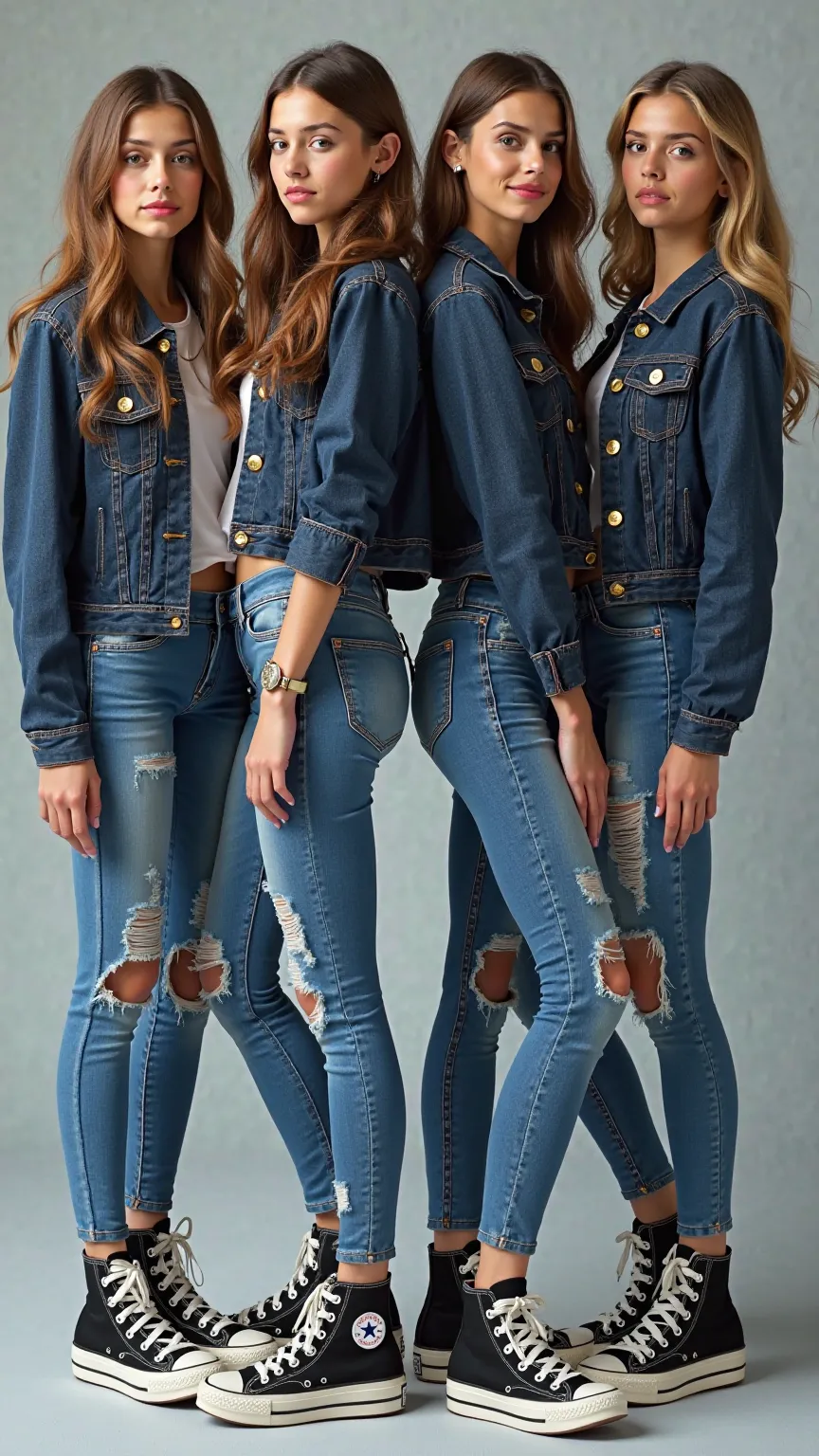 4 girls in black white high top Converse platforms, blue ripped skinny jeans, 6 buttons dark blue denim jacket HD