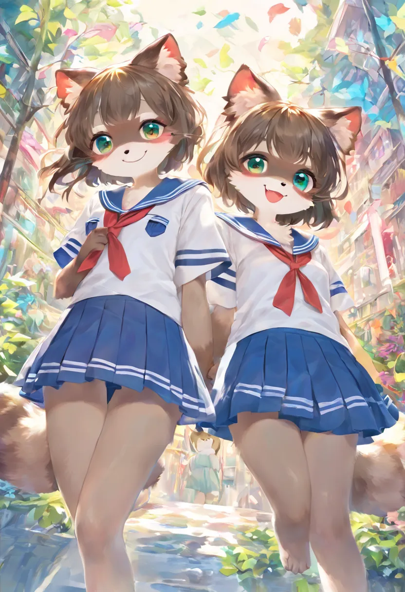 Raccoon:2 girls::  high school uniform  :sailor suit,cute,masterpiece,Wide range of colors,highest quality,official art,   fantasy,colorful,happy,smile,最高にcute猫,   fluffy,I&#39; m I'm looking forward to it , happy,  Niceな背景  ,   sophisticated cityscape,Fun...