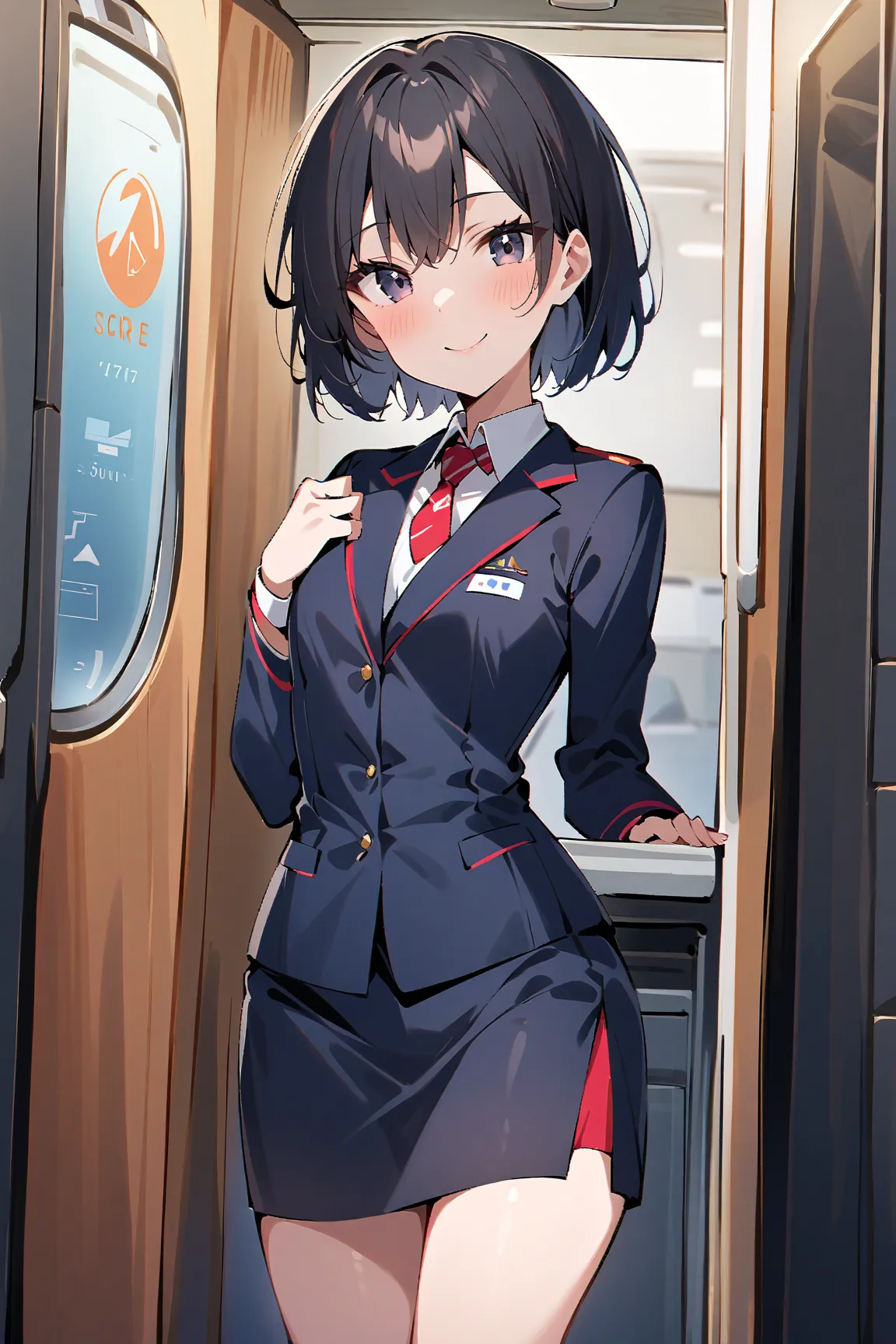 (score_9, score_8_up, score_7_up), source_anime, masterpiece, best quality, japanese, solo, woman, black eyes, black hair, very short hair, straight hair, small breasts, flight attendant, smile, front shot