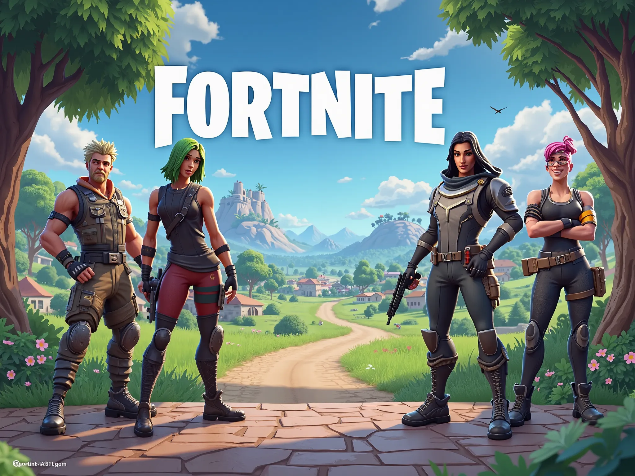 create a Fortnite-themed backdrop with:

A Battle Royale-style background (like the Fortnite island or a sky with the Battle Bus).
Popular Fortnite skins/characters for an action-packed feel.
Extra Fortnite elements like loot boxes, V-Bucks, and weapons to...