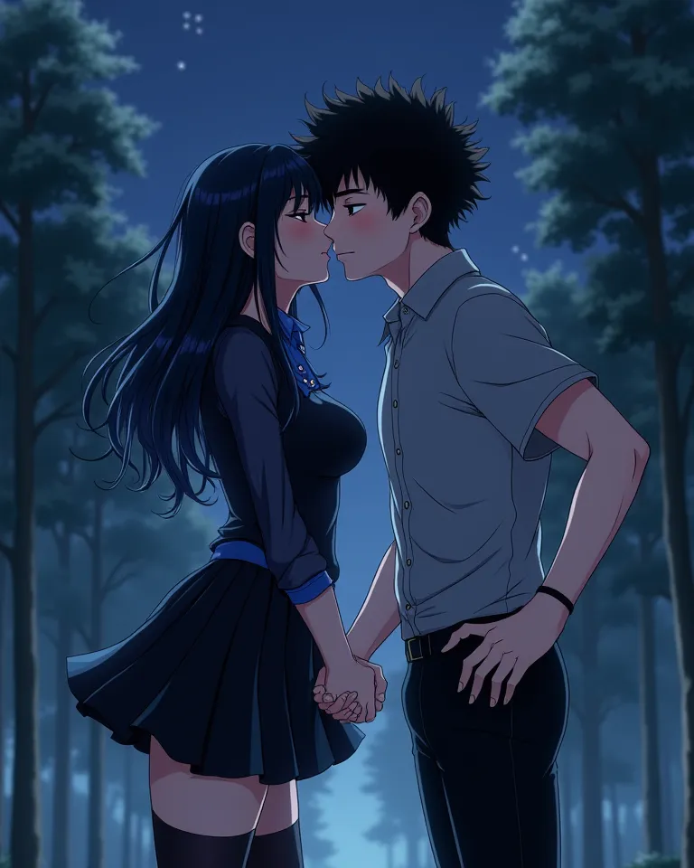 Blood Strike style anime image, A woman and a man couple kissing with their eyes closed, 
She has black hair with blue details, black skirt, black and blue blouse, high stockings. pretty body,  breasts, waist,
The man with fluffy and cute black hair, high,...