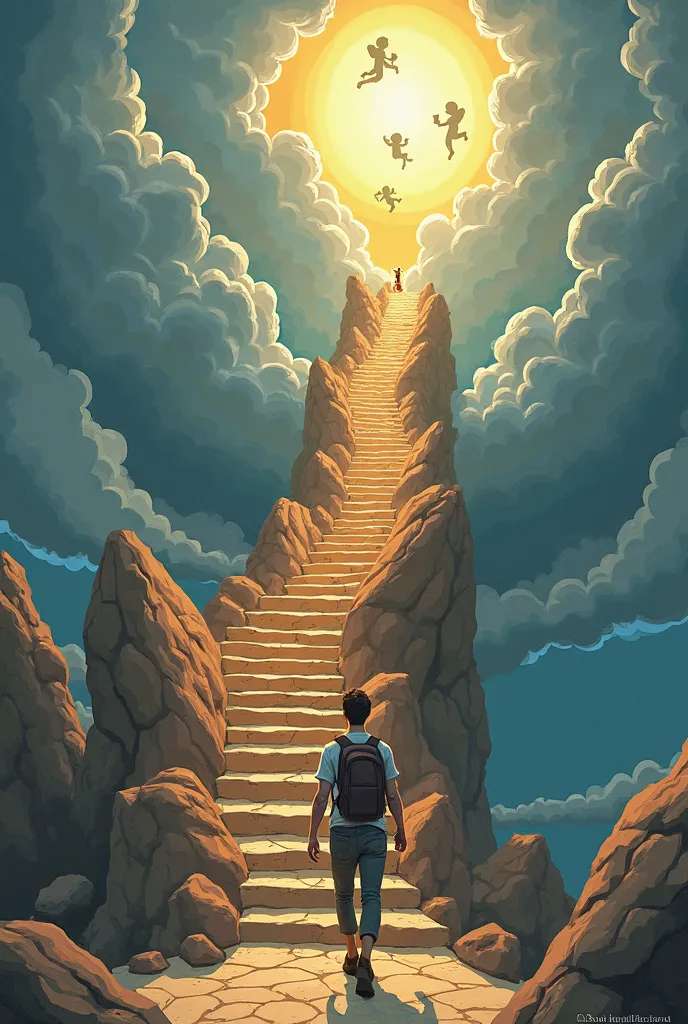 
cartoon style, long stairs to heaven, at the beginning of the path friends saying goodbye, a man walks up the stairs alone and waves to his friends below, at the end (top) there is a rock bar, a party going on, beer, cherubs with beer are flying around, f...