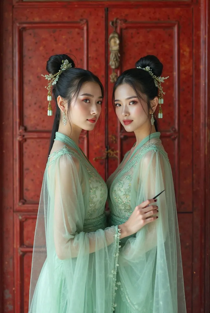 Two sexy ancient Chinese beauties，wearing traditional Chinese hair ornaments，Straight eyes，Wearing an exposed light green tulle robe，Stand straight with pen，The background is a Chinese red door with a strange spell attached to it