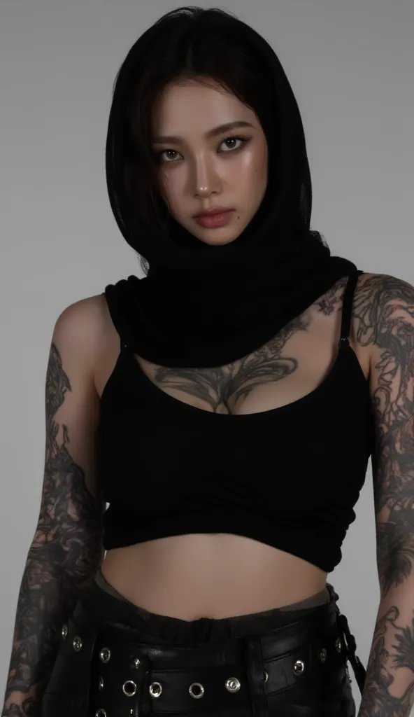 Wearing black hijab, a lot of tattoos, posing, huge breast.