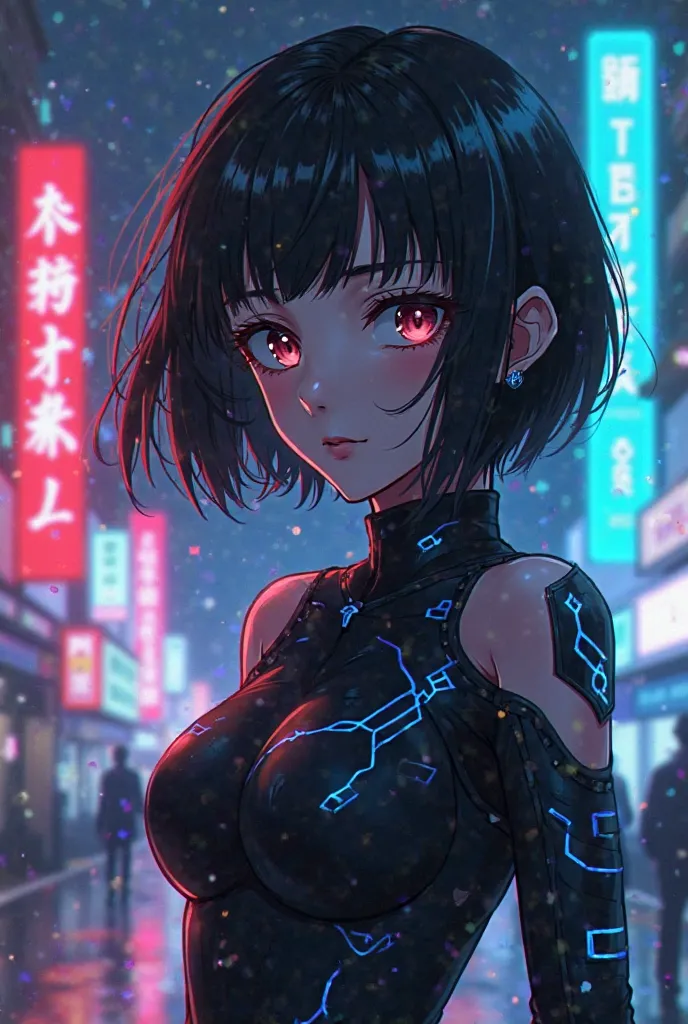 A digital art painting of an anime character in the style of Ghost in the Shell, standing against neon lights and futuristic architecture with glitch effects on them , symbolizing cyberpunk aesthetics. They have black hair styled in sleek bangs, wearing da...