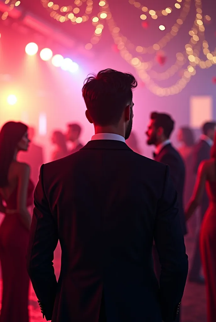 A man at a dance party, drinking and sad, looking at his beloved woman accompanied by another, him looking directly at the couple,  in a brighter environment .
