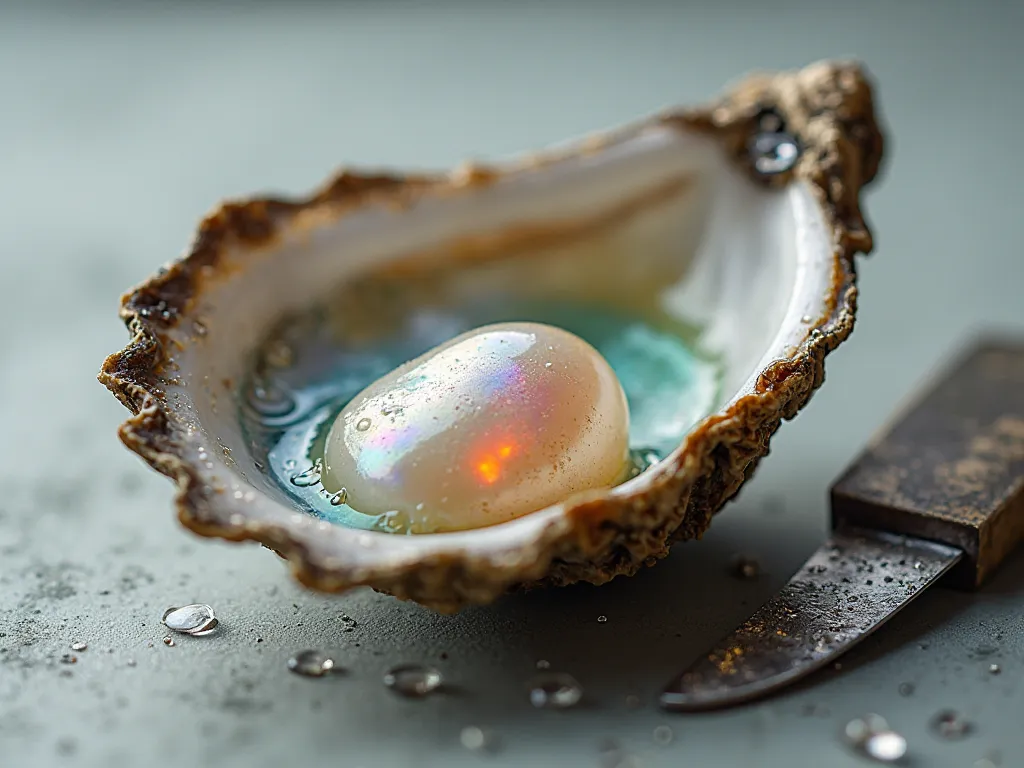 Freshwater oyster , with colorful pearl inside, it has just been opened, theres a knife laying beside it