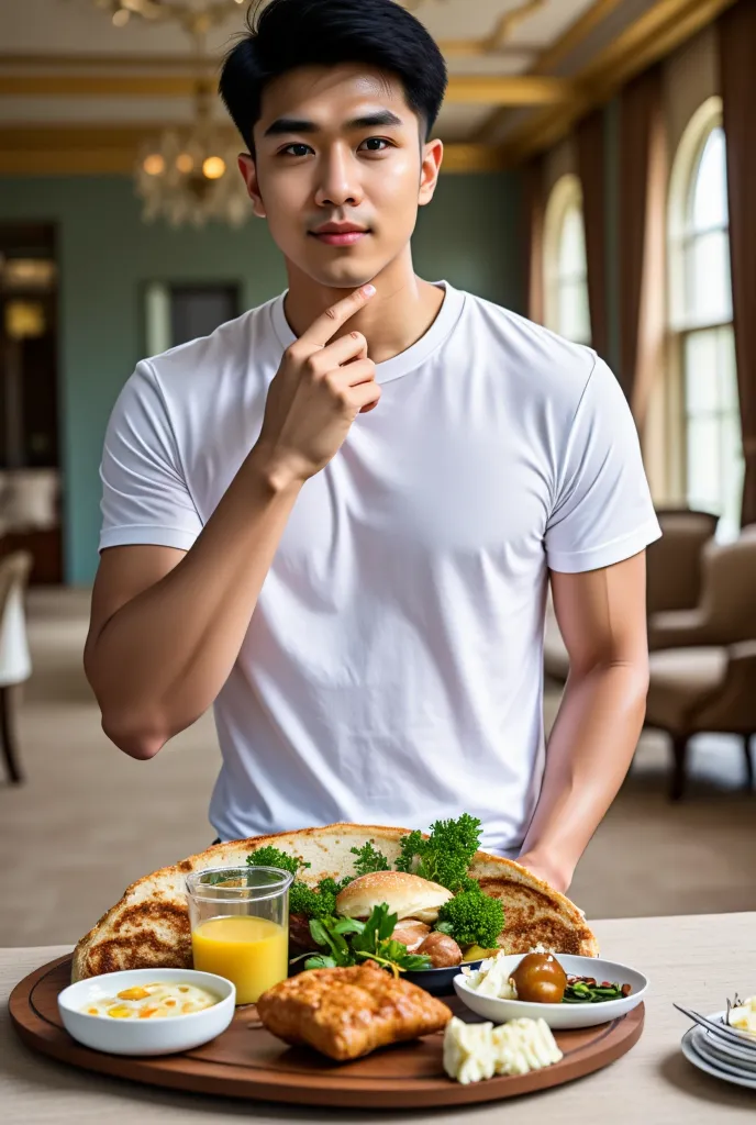 full indoor shot, zoom-out shot of hyper-realistic photo of a hyper far dinning room background, blurred man, zoomed-out shot of handsome Asian young black spiky style hair, Wearing a white t-shirt, jeans,shaved face, shy smiling, stands behind a table, fu...