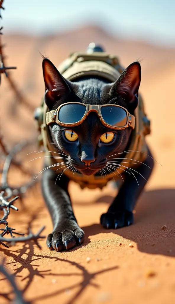 A cat coated in jet black fur in a desert combat uniform is crawling over barbed wire during an endurance training session. A small helmet with goggles covered his head.