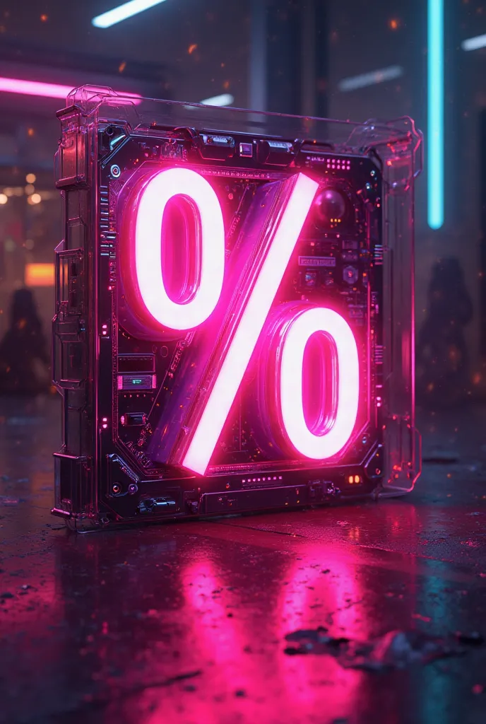 A neon-style digital discount coupon with a glowing percentage sign, vibrant pink and purple tones, futuristic cyberpunk style, moody lighting, ultra-detailed."