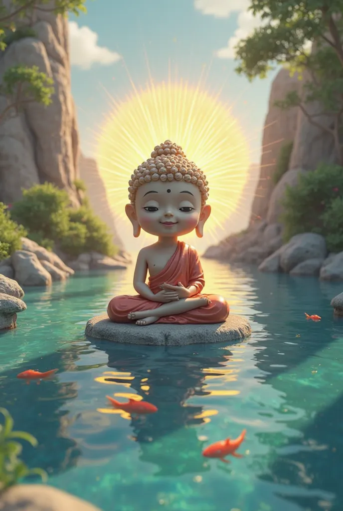 Create a  3d anime Gautam Buddha smile face sitting on center of water in the stone gallery type and natural background is sunshine type and rays circle behind the head and water island type and fish in the water 