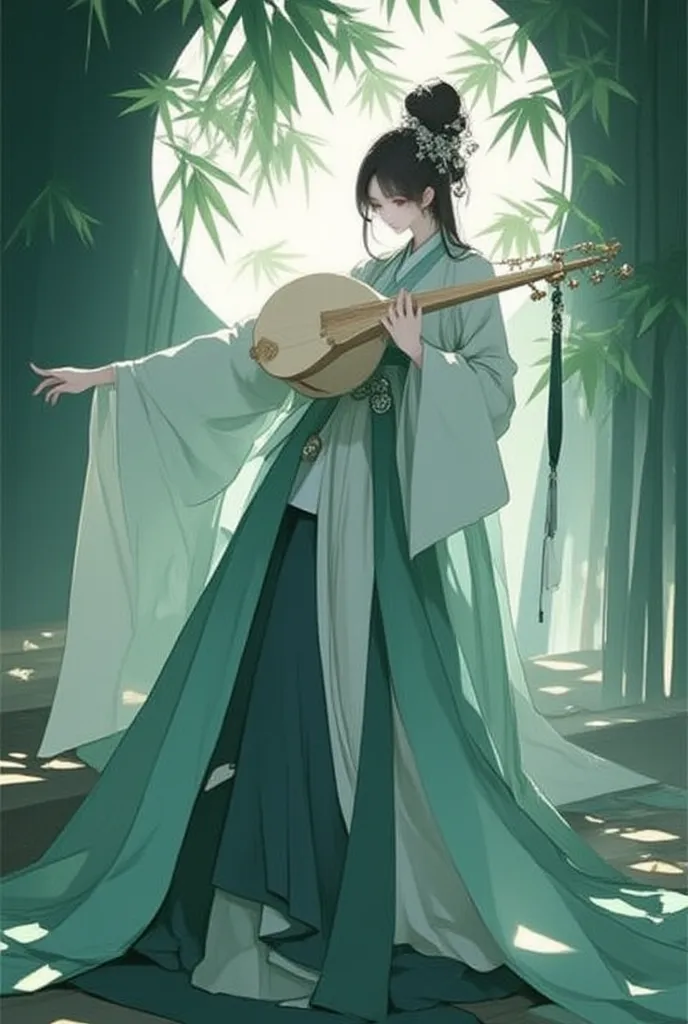 A painting of a serene Chinese musician playing her wooden flite in a tranquil bamboo forest, wearing an elegant traditional Hanfu with flowing sleeves. The scene is illuminated by soft moonlight filtering through the bamboo leaves, with ethereal mist addi...