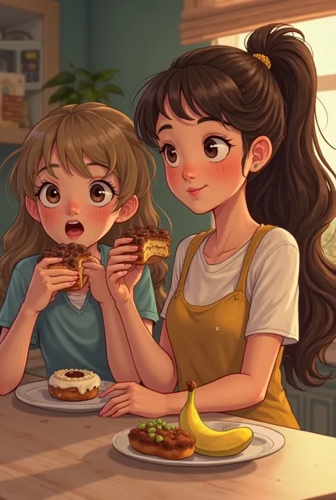 make sure that 3 girls appear in a Disney Pixar style image、next to me: one of them is a brunette , I'm wearing a ponytail、eating plantain. there's a blonde girl with bangs, eating chocolate doughnuts、I have a friend with long brown hair next to me 