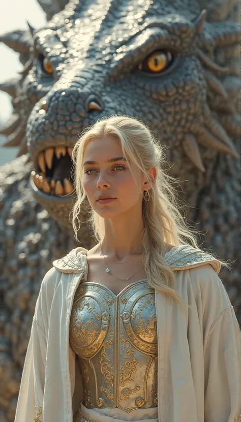 blonde girl，white coat， silver armor，Behind her is the head of a giant dragon，The girl looks into the distance， smile， gold patterns 