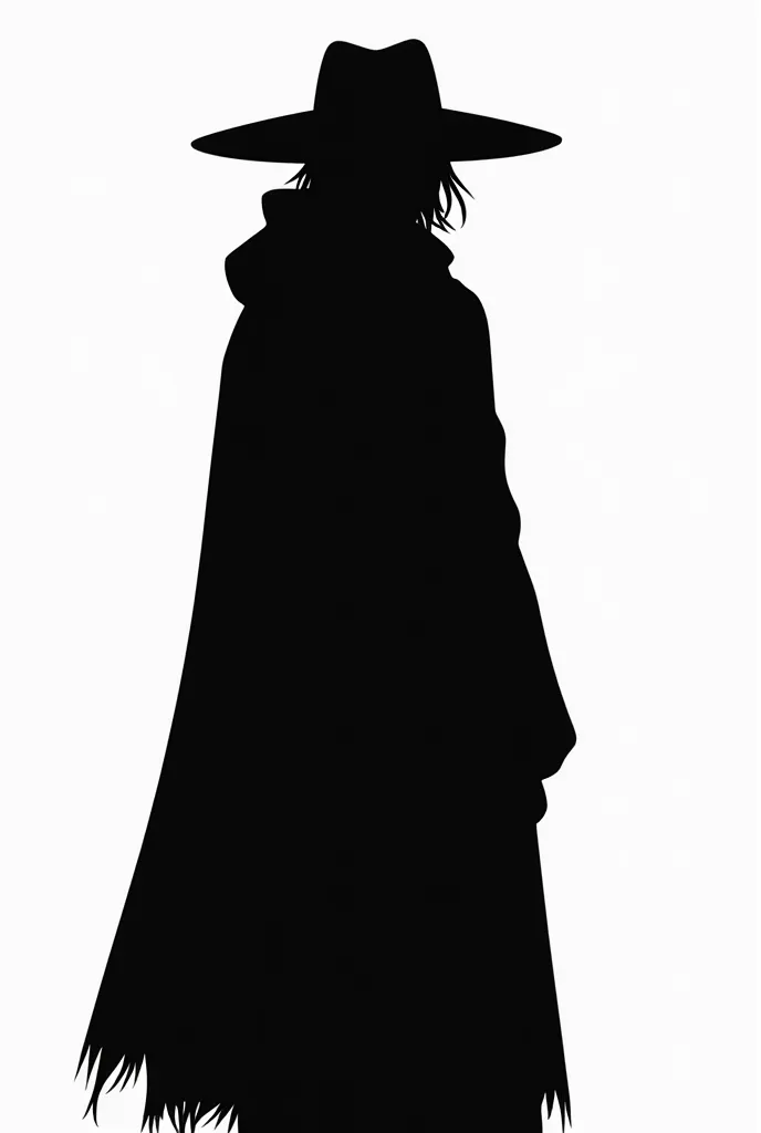 a black and white silhouette of a person wearing a hat and a cloak, a cartoon inspired by Kawabata Ryūshi, tumblr, vanitas, character silhouette, anthropomorphic silhouette, cel shadow, black silhouette, dark cloaked figure, mysterious figure, shadowy and ...