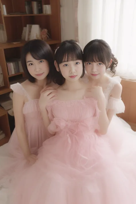  3 people 、   Attractive Woman  ,(((( she says   ))))、((Daughter and mother  )) 、  透明なfrill dress,(((frill dress))),  Transparent nightgown, chubby who is a little young、 Big Breasts 、  Lace Lingerie、 are embarrassing 、  masterpiece 、 best quality,bedroom