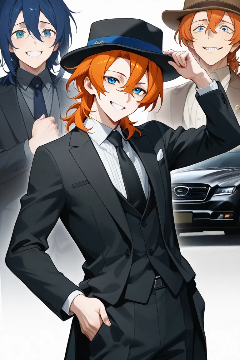 Chuuya Nakahara, male, wearing a black formal suit and a feudora hat, smiling expression, orange hair, sharp blue eyes, fair skin, He is standing next to a black car.