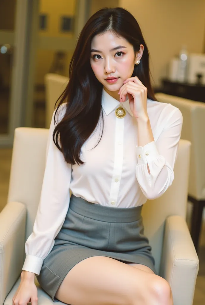 a young woman seated on a light-colored chair in an indoor setting, likely an office or lounge. She has long, dark hair styled neatly, and her expression is poised and confident. She is dressed in a professional yet stylish outfit, consisting of a white bl...