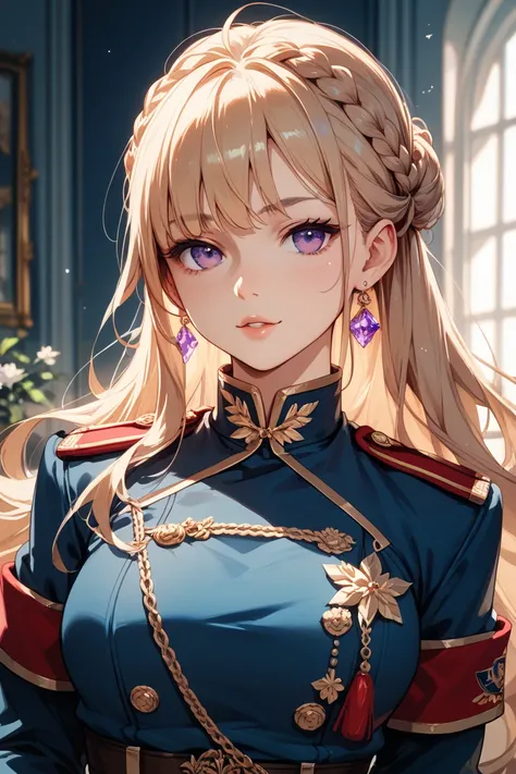 Beautiful young military uniform with slightly long blond hair and purple eyes