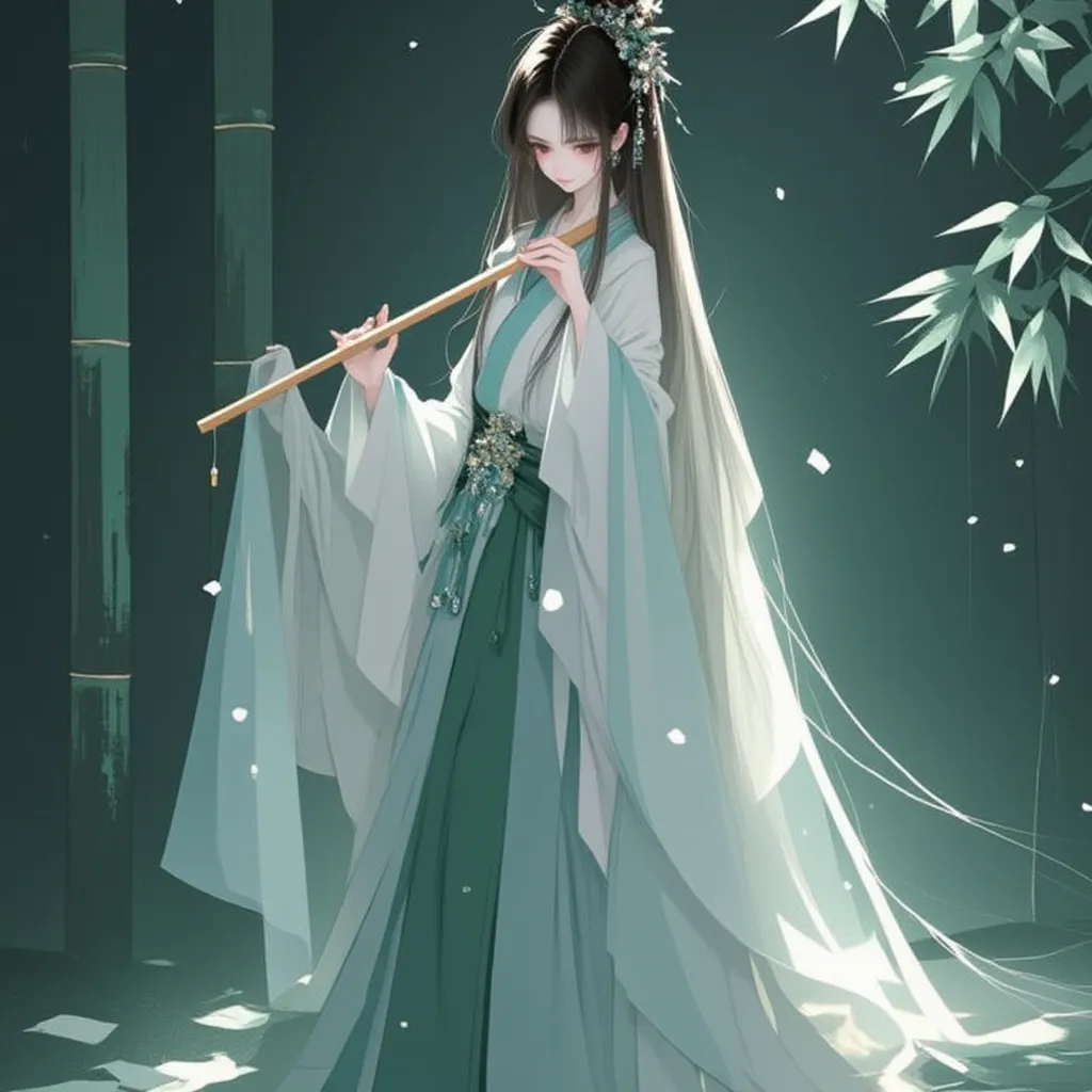 A painting of a serene Chinese musician playing her wooden flute in a tranquil bamboo forest, wearing an elegant traditional Hanfu with flowing sleeves. The scene is illuminated by soft moonlight filtering through the bamboo leaves, with ethereal mist addi...