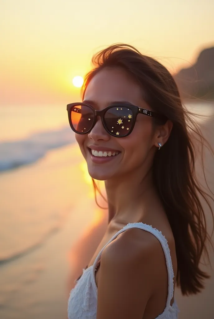 The model is wearing glPhoto taken by iPhone 15 promax camera using portrait mode, 5x zoom lens, a beautiful Thai model looking at the distant beach with a happy face. She is wearing a white dress that matches the atmosphere by the sea as the sun sets. The...