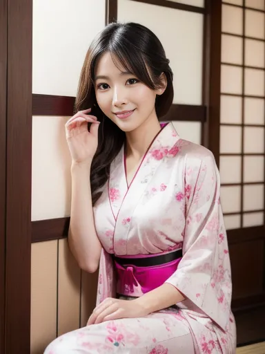 woman, pink Japanese kimono, loosely worn with shoulders exposed, suggestive smile, leaning to the side, shot up to the knees, ((masterpiece)), ((best quality)), (ultra-detailed), ((beautiful eyes)), Japanese female, (slender:1.3), ((30 years old)), beauti...