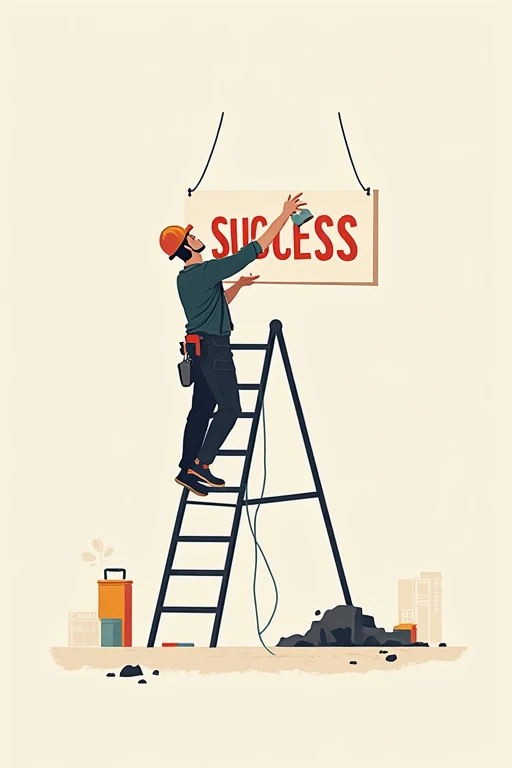 minimalist vector of an engineer on a ladder, building a "SUCCESS" sign