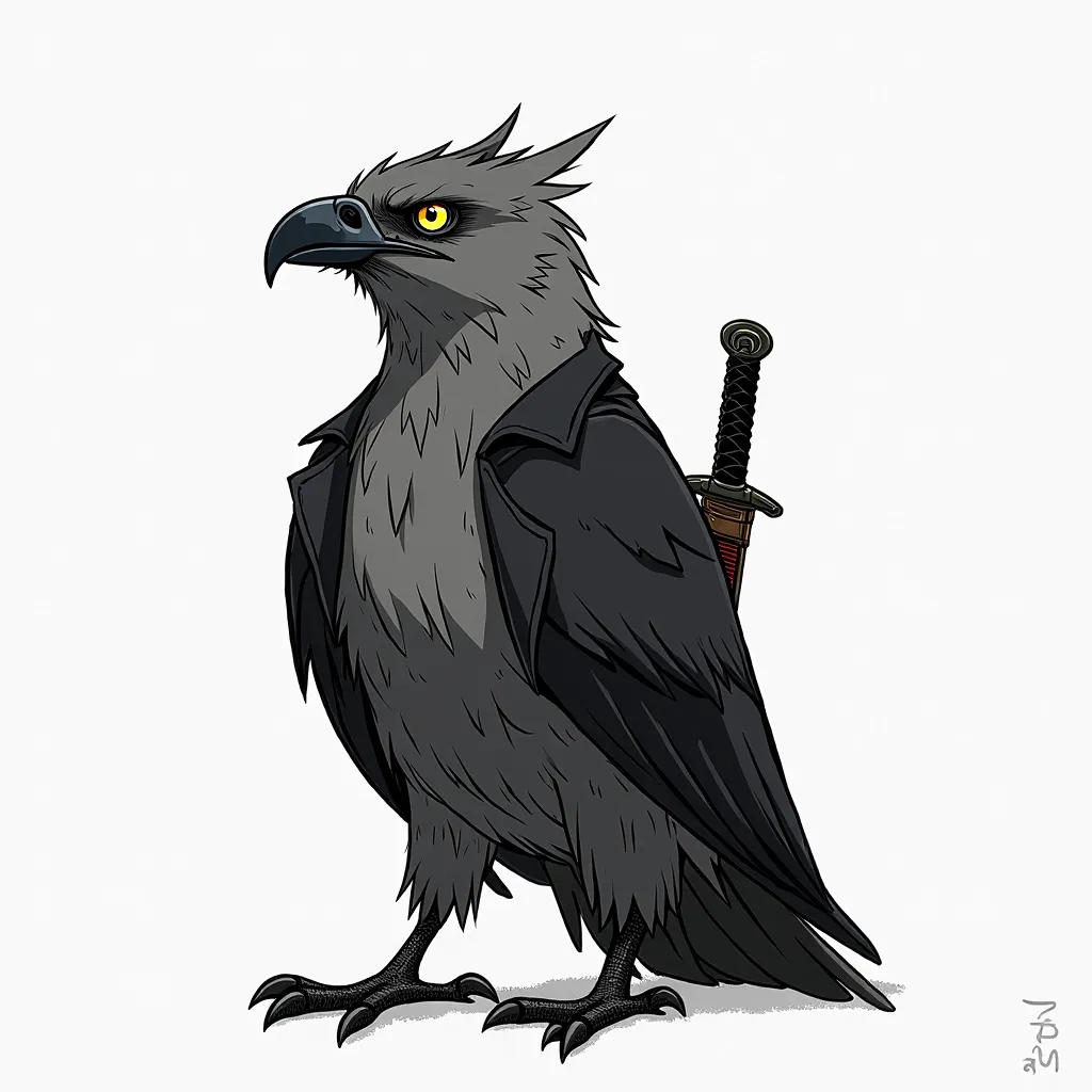 flat 2D bird , solo, carry a sword on his back, short sword,Andy graves, Japanese manga , dark gray bird body,   handsome sharp eyes, hawk, sitting bird , wear black leather jacket, black leg,  black beak, male , Simple white background, bright pupils,flat...