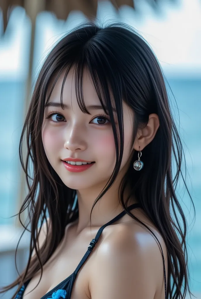 highest quality, 8k, masterpiece, super accurate, Clear Photo, professional lighting, natural light, realistic,  curve, Totally wide, Single women, Idol Class, baby face:1.8, captivating, long black hair, Stunning Hair  , soft smile, Narrow Your Eyes While...