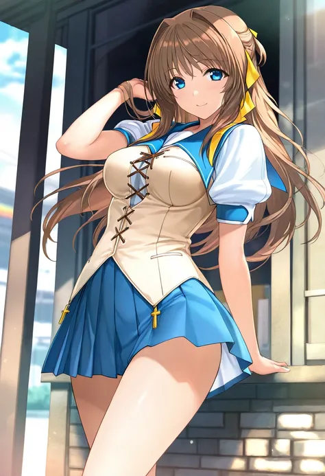 a young woman posing for a photo standing, outdoors, from front, BREAK 1girl, c-kouenji, blue eyes, long hair, brown hair, hair ribbon, medium breasts, blue sailor collar, puffy short sleeves, white shirt, beige vest, cross-laced clothes, blue pleated skir...