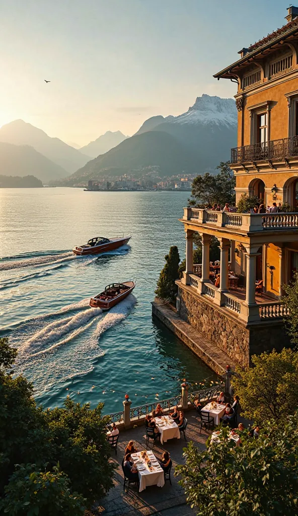 An opulent villa on the shores of Lake Como, with stunning classical architecture, grand balconies, and manicured gardens. A wooden speedboat glides across the lake, leaving ripples in the deep blue water. Snow-capped mountains rise in the background, and ...