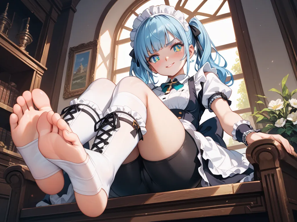 1 girl, maid, sitting, frilled socks, from below, soles, embarrassed, bike shorts, pouty lips, toeless legwear, cross-laced legwear, masterpiece, best quality, uncensoredA cheerful and determined anime-style girl with bright, sparkling eyes and a confident...