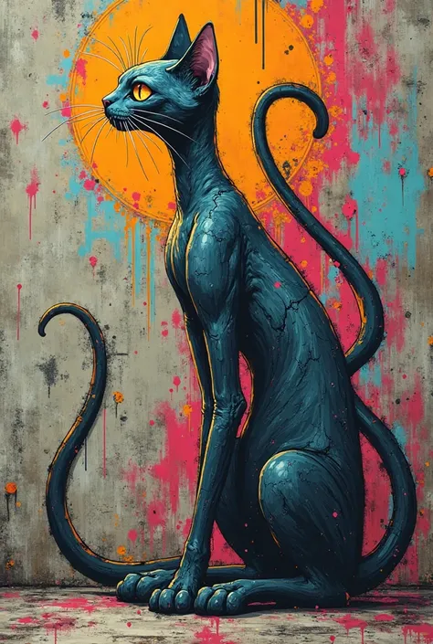 An illustration that looks like a graffiti of an insanely thin and long cat