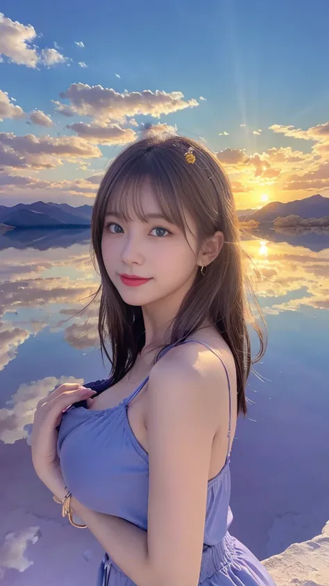 1 girl, masterpiece, very well detailed, ( Beautiful and Delicate Glow ), lens flare, Gray Hair, Medium Long Hair, floating hair with hands, think return, return, return, smile, blue eyes, red dress, Big Breasts, upper body, wide shot, , (( Uyuni Salt Lake...